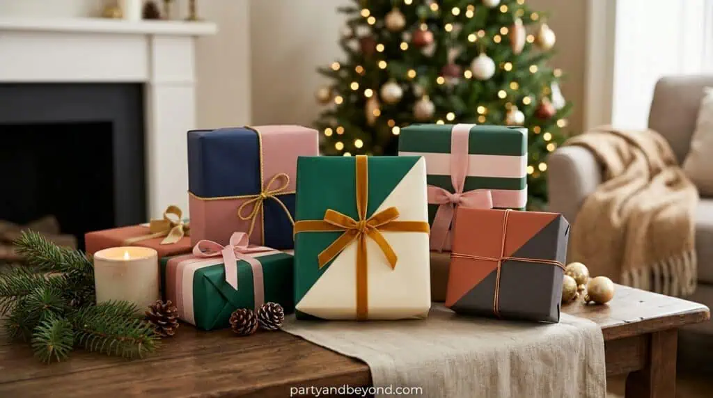 Modern color-blocked Christmas gift wrapping with contrasting paper and minimalist ribbon accents.