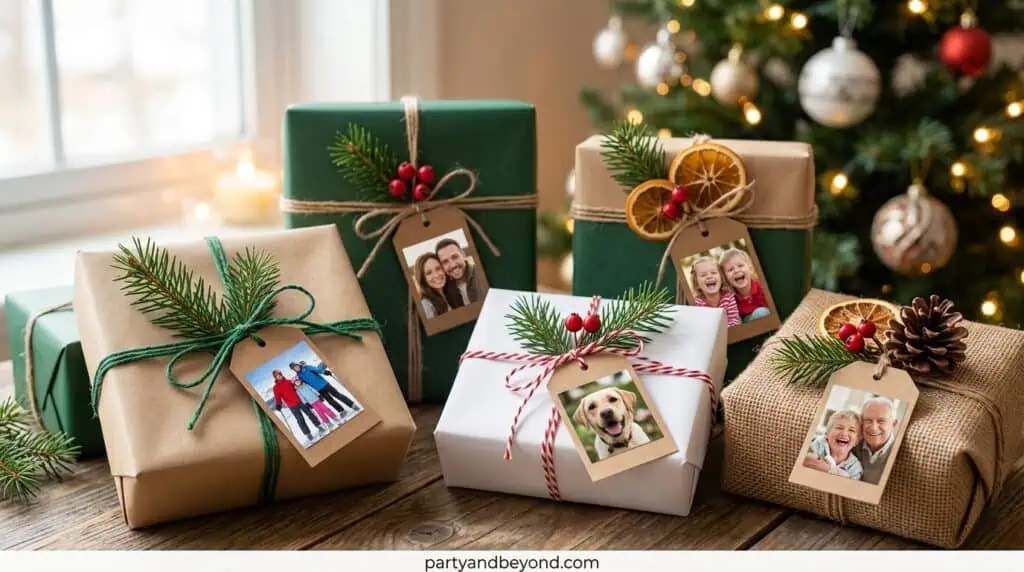 christmas gift with a personalized photo gift tag attached using ribbon for a sentimental touch