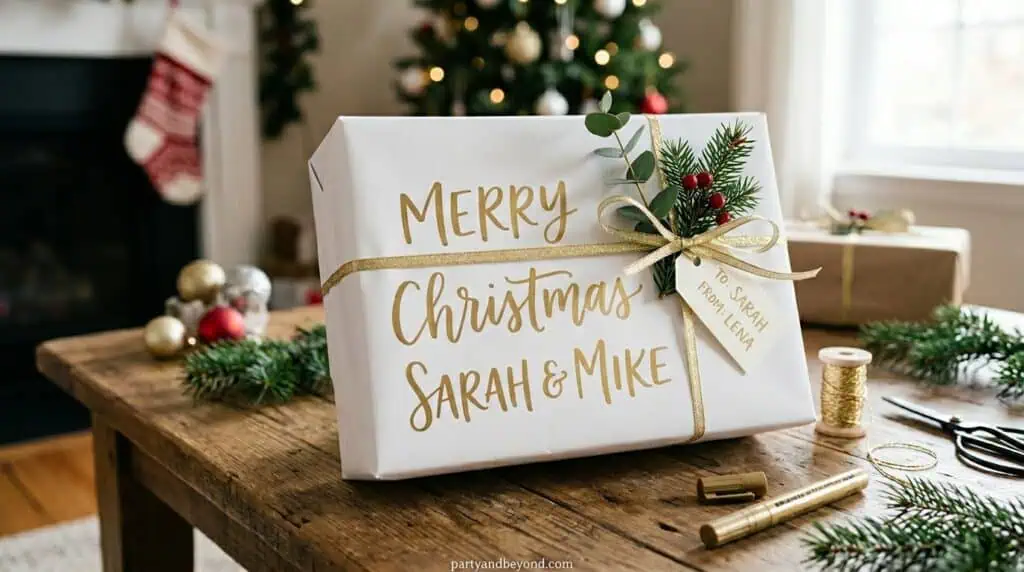 Modern color-blocked Christmas gift wrapping with contrasting paper and minimalist ribbon