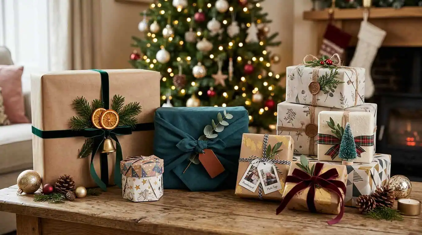 Handmade Christmas wrapping paper with painted gold stripes and star patterns on kraft paper