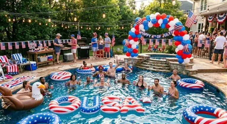 Festive 4th of July pool party with guests enjoying swimming, patriotic decorations, and American fl.