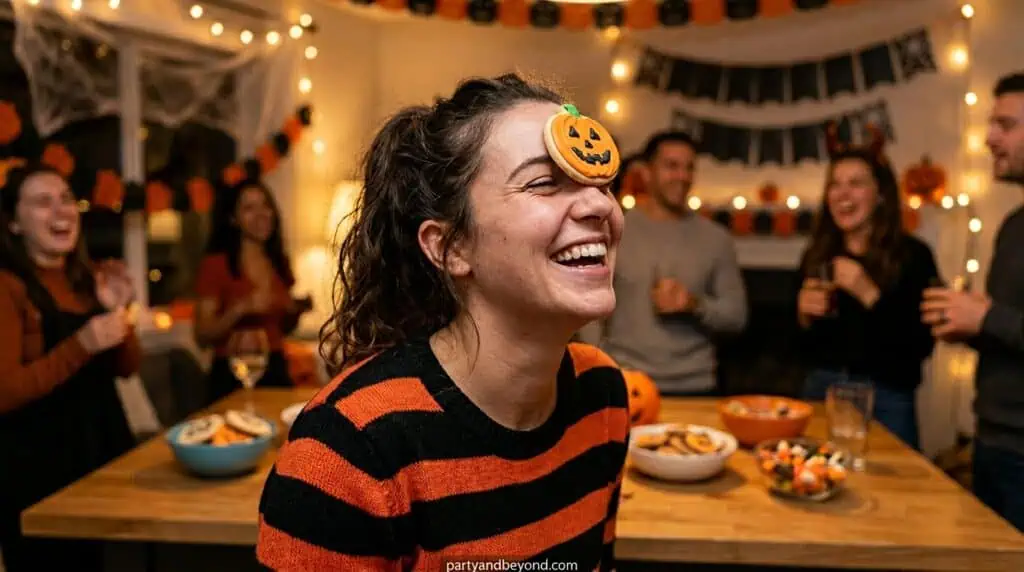 Players using straws to transfer candy corn pieces between plates in a timed Halloween challenge.