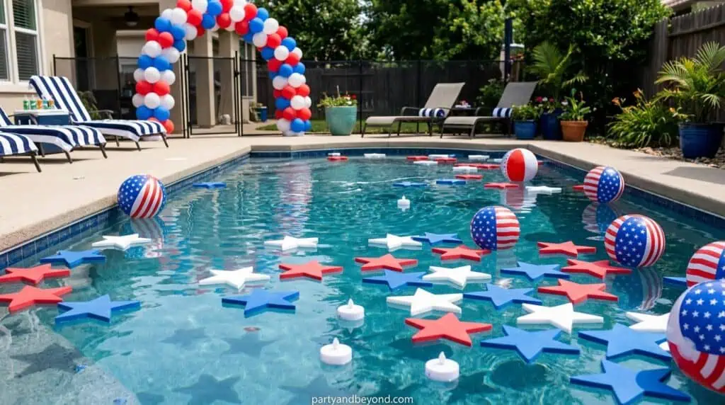 Swimming pool decorated with floating stars, LED lights, and patriotic beach balls.