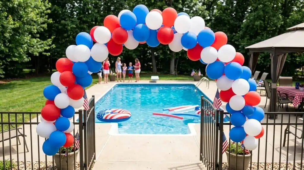 DIY red, white, and blue balloon arch at pool party entrance gate.