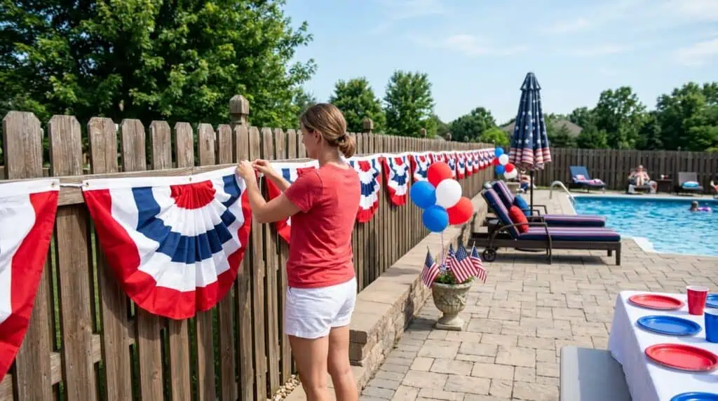 Red, white, and blue bunting hanging on backyard fence near pool.