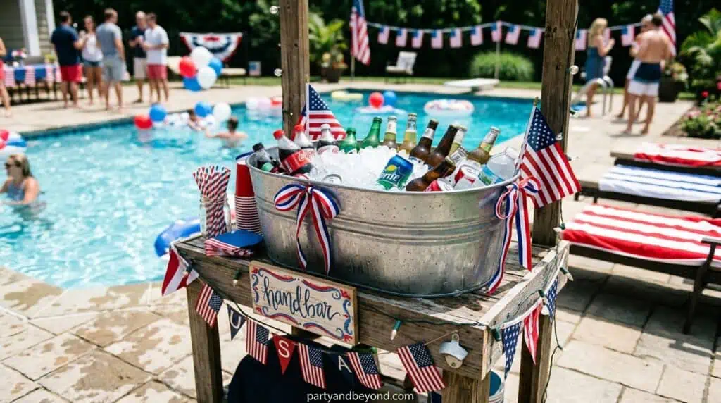 Ice-filled drink tub with soda and water bottles beside poolside party area.