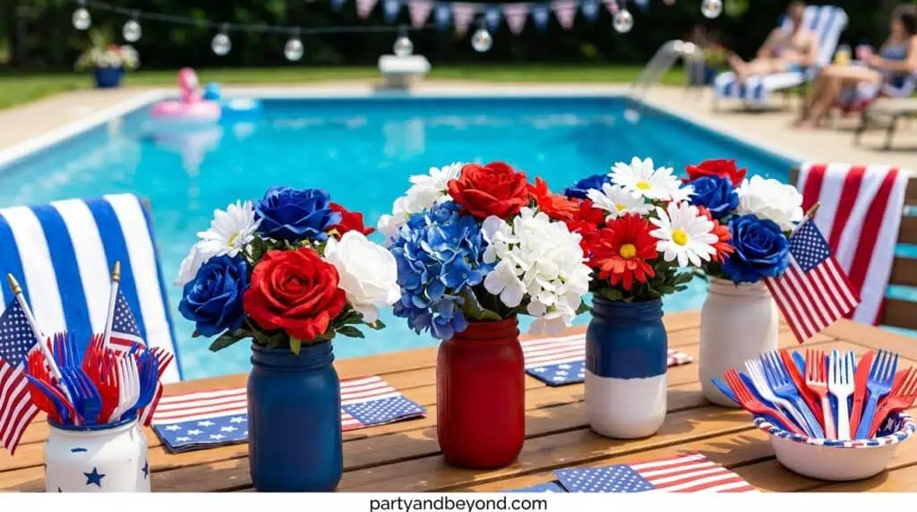 Mason jars with faux patriotic flowers placed on outdoor poolside tables