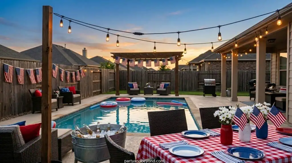 Backyard pool glowing under warm string lights at sunset.
