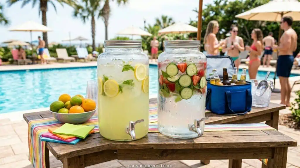 Lemonade and infused water dispensers on outdoor table for pool party guests.