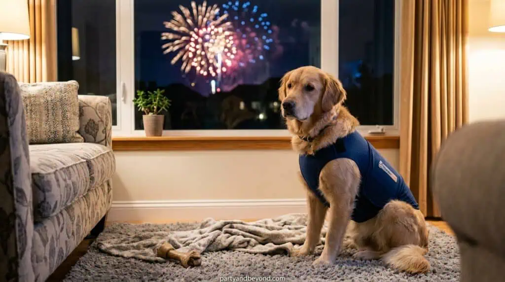 Dog wearing an anxiety wrap or ThunderShirt to help reduce stress during fireworks.
