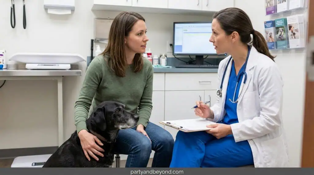 Veterinarian discussing anxiety medication options with a dog owner before July 4th keep your dog calm during fireworks