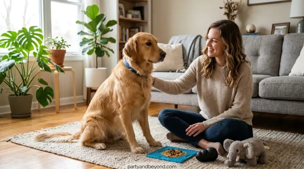 Pet owner sitting calmly beside an anxious dog during fireworks night keep your dog calm during fireworks