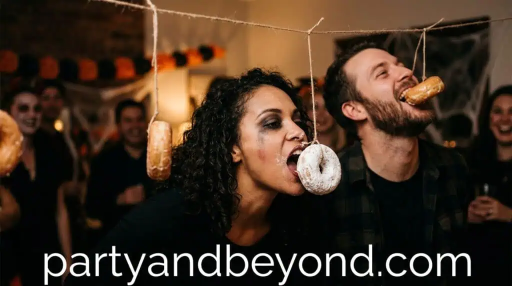 Guests trying to eat hanging donuts without hands at a Halloween party halloween minute to win it