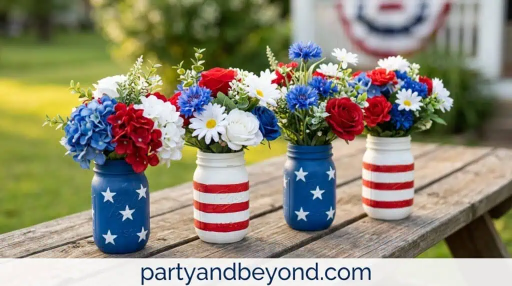 Painted mason jars filled with red, white, and blue artificial flowers on a party table 4th of july decorations on a tight budget