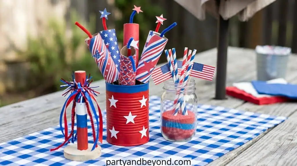 DIY firecracker-themed table decorations made from paper rolls and ribbon 4th of july decorations on a tight budget