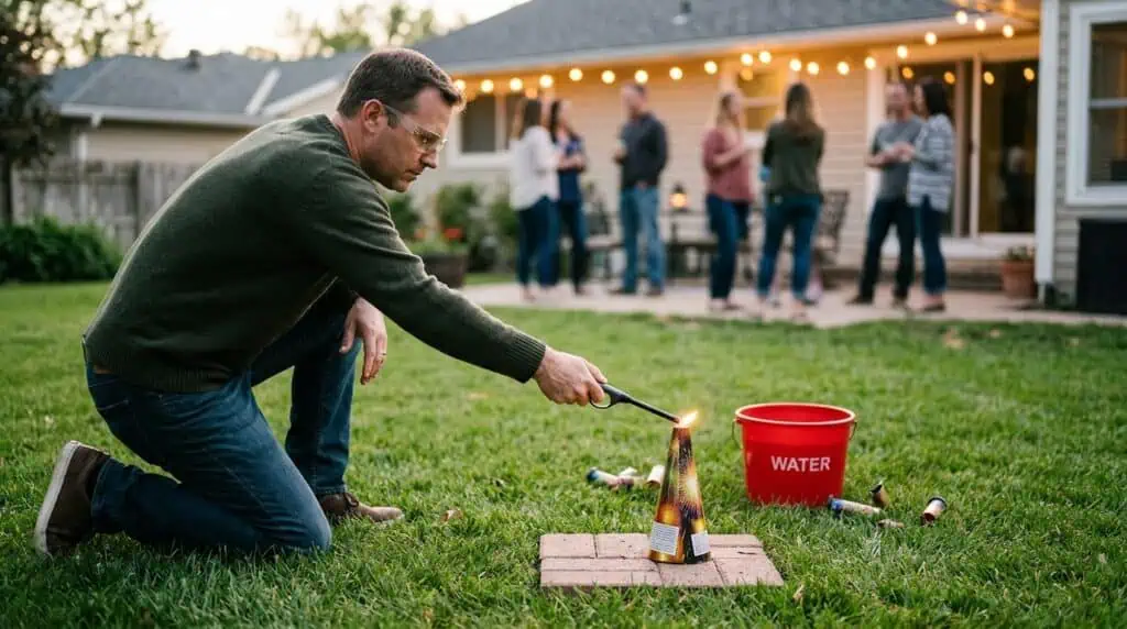 Single firework being carefully lit outdoors with controlled environment.