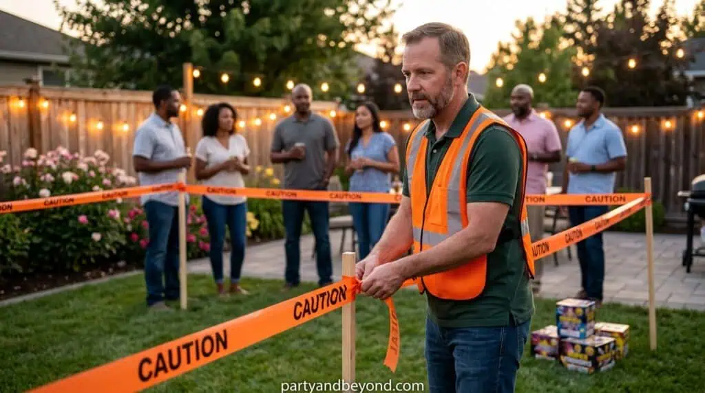 Designated adult supervising fireworks while guests watch from a safe distance.