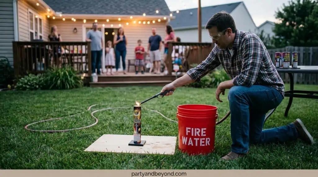 Hose and water bucket placed beside fireworks setup for emergency fire safety.