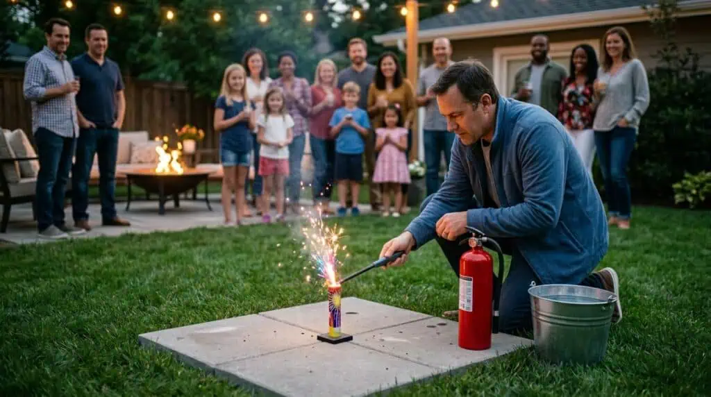 Designated adult supervising fireworks while guests watch from a safe distance.