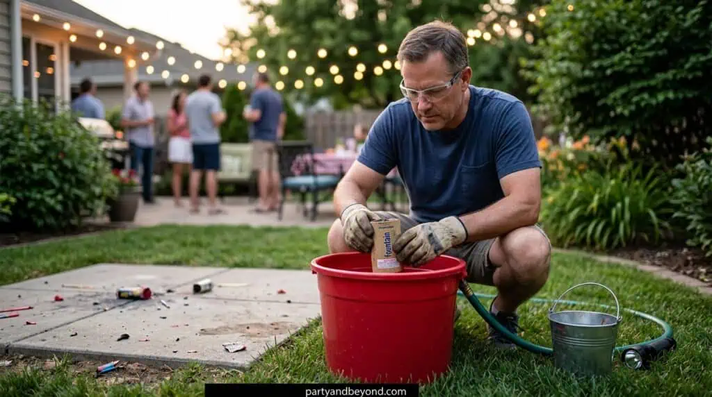 Unused firework placed safely in water bucket after failure to ignite.