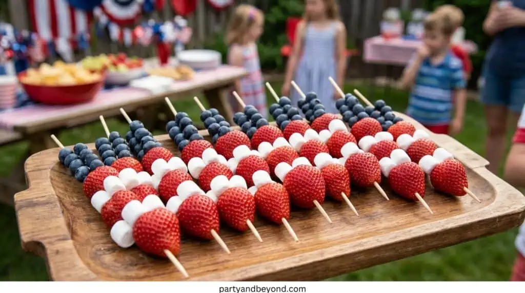 Fruit skewers with strawberries, marshmallows, and blueberries at a children's outdoor party.