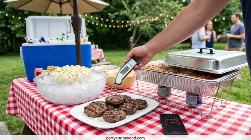 Outdoor barbecue with grilled burgers, snacks, and drinks at a backyard party.
