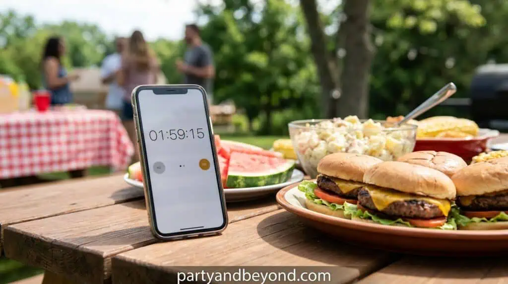 Timer set on phone next to outdoor party food table in sunlight.