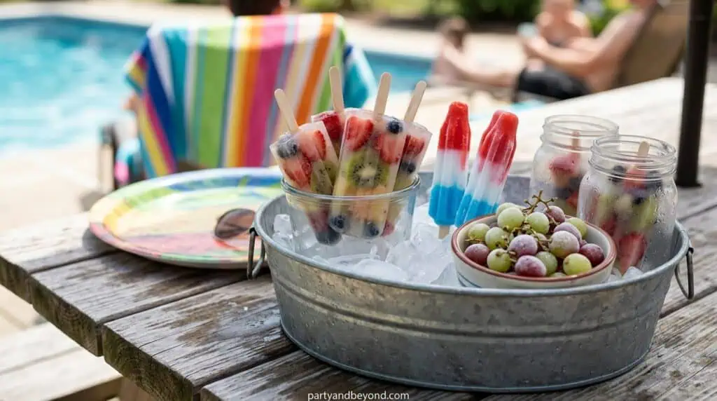 Ice cooler filled with popsicles and frozen fruit for summer pool party.
