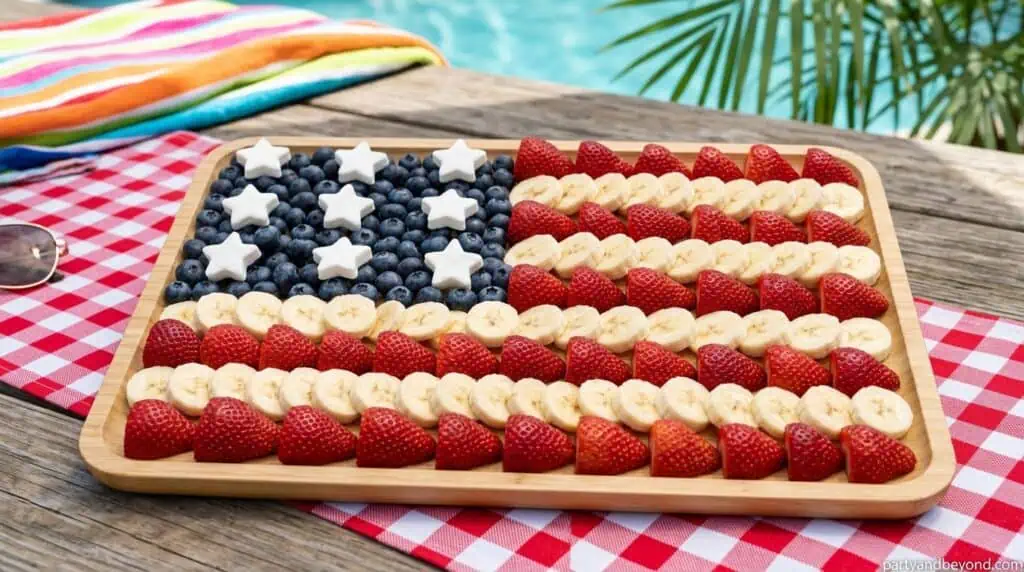 American flag fruit platter with blueberries, strawberries, and banana stars.