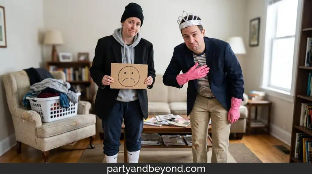 fancy dress with apology sash for humorous formal costume contrast