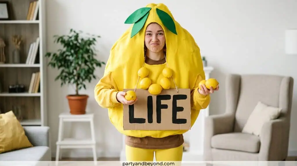 outfit with lemons prop and life name tag for pun costume
