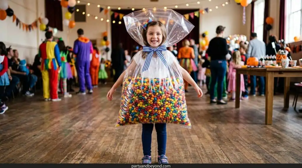 clear bag filled with colorful balloons representing jelly beans costume