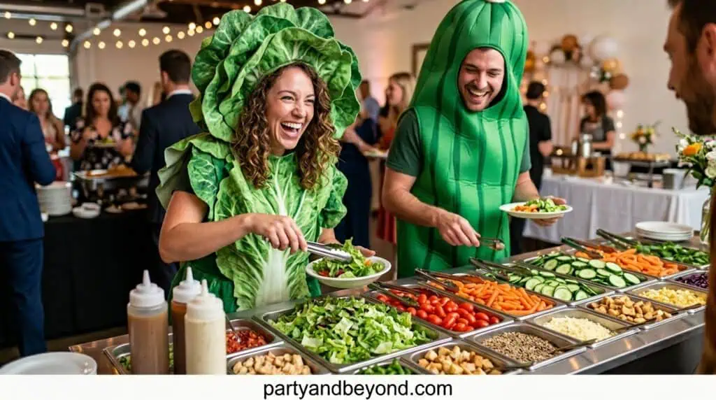 apron with fake vegetables and self serve label for food bar costume