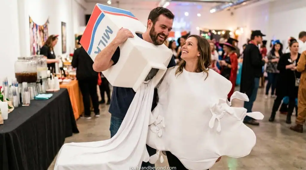 all white outfit with milk spill prop for visual joke costume