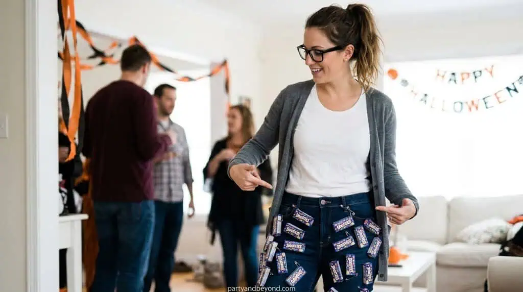 pants covered with Smarties candy packs for a wordplay costume