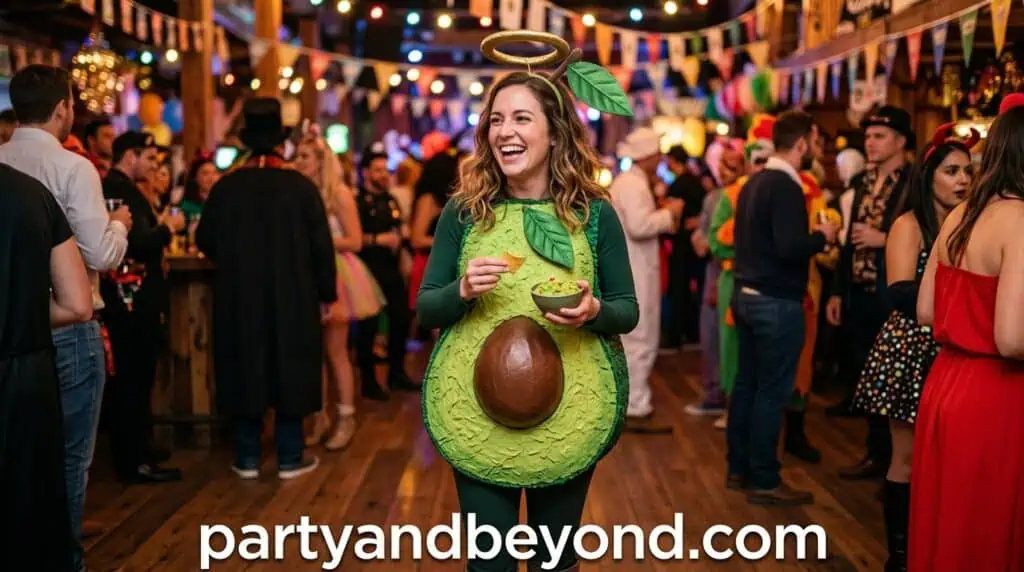 green avocado-themed costume with halo representing a pun on holy guacamole