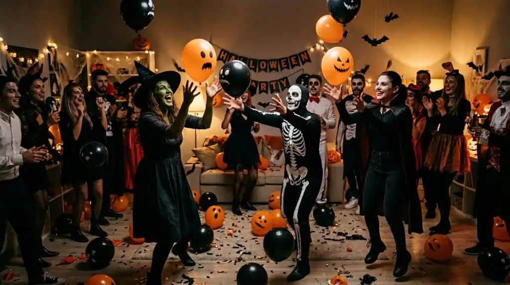 Adults trying to keep multiple white balloons in the air during a chaotic Halloween group game.