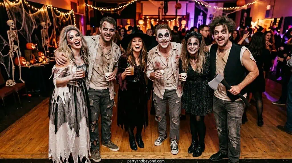 group Halloween costume with matching outfits and squad ghouls sign