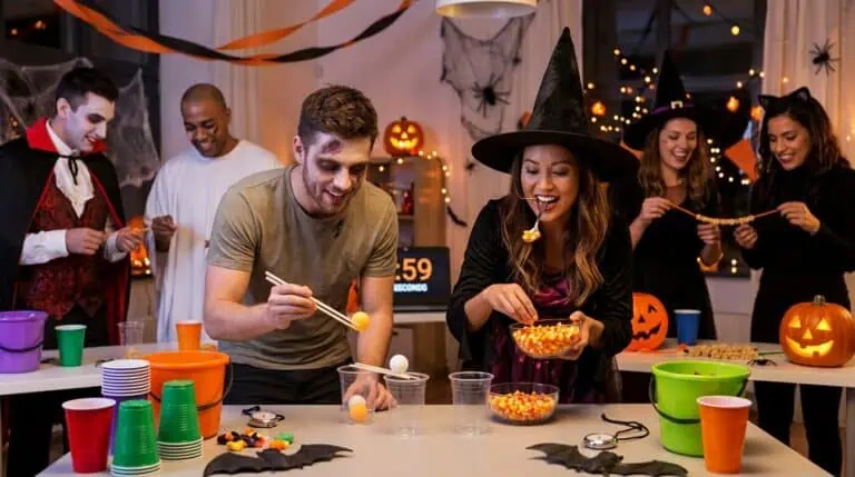 Halloween party scene where guests in costumes are laughing and playing fast-paced minute-to-win-it games with a timer, creating a fun and energetic group atmosphere.