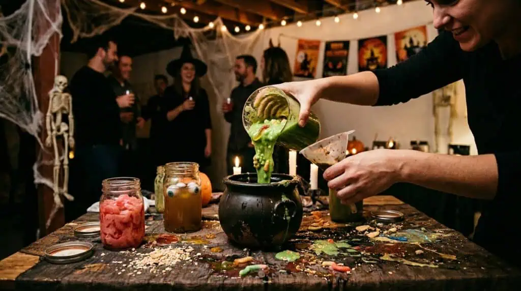 Adults carefully pouring colored water between cups in a messy but fun Halloween challenge.halloween minute to win it 