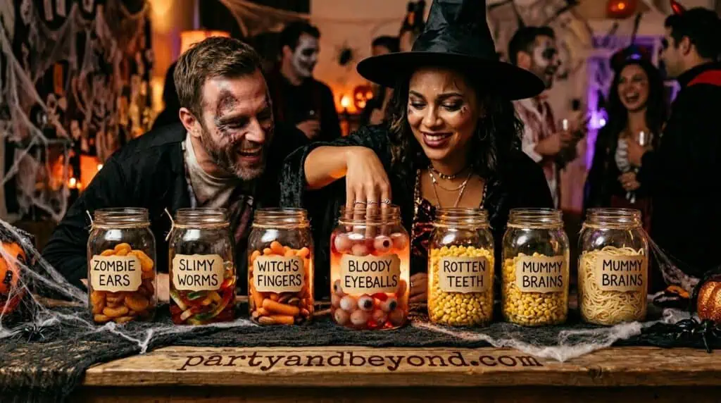 Participants reaching into mystery boxes filled with spooky textures like spaghetti and grapes during a Halloween sensory game.