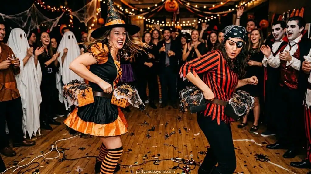 Player dancing wildly to shake ping pong balls out of a tissue box tied at the waist in a Halloween game.
