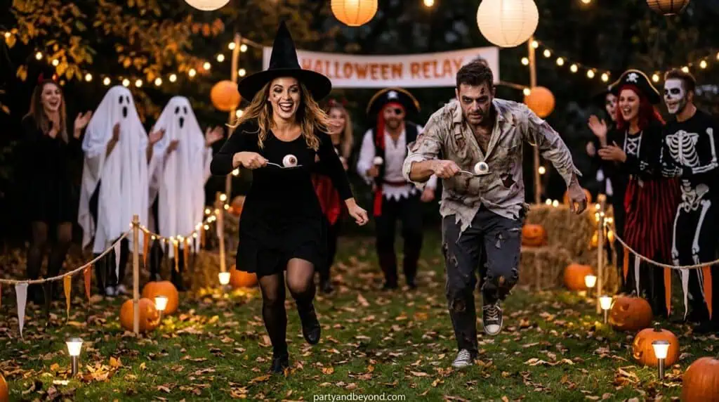 Players using straws to transfer candy corn pieces between plates in a timed Halloween challenge.