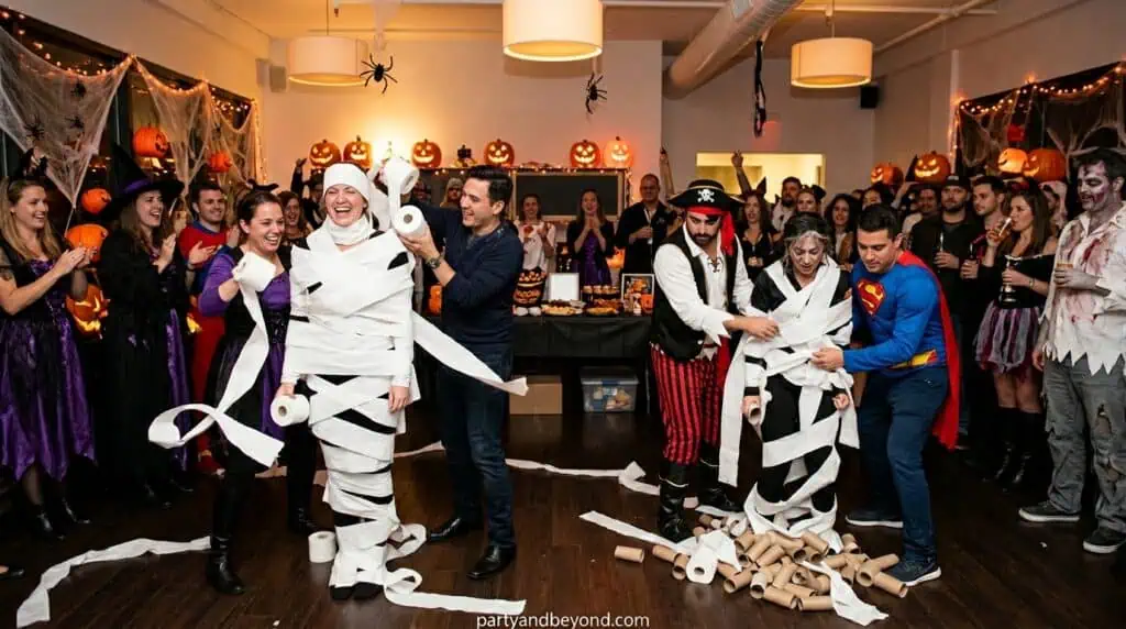 Plastic spiders being blown across a table using straws in a fast Halloween competition game.