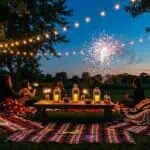 How to Host a Fireworks Night Party That Guests Won't Want to Leave Outdoor evening picnic with fireworks and string lights.