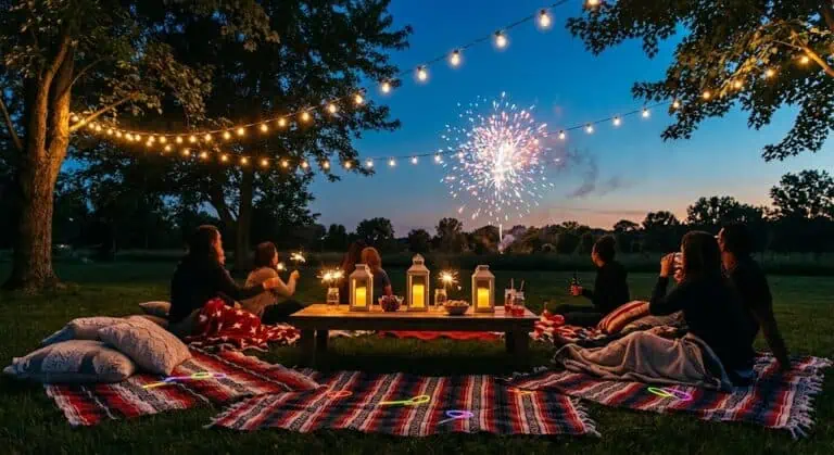 Outdoor evening picnic with fireworks and string lights.