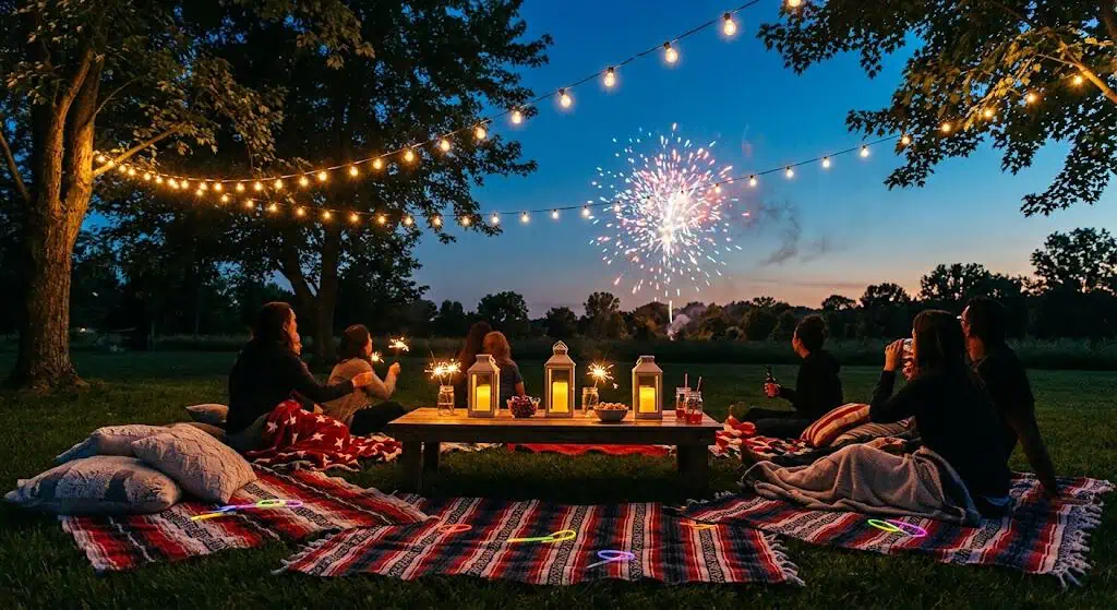 Outdoor evening picnic with fireworks and string lights.