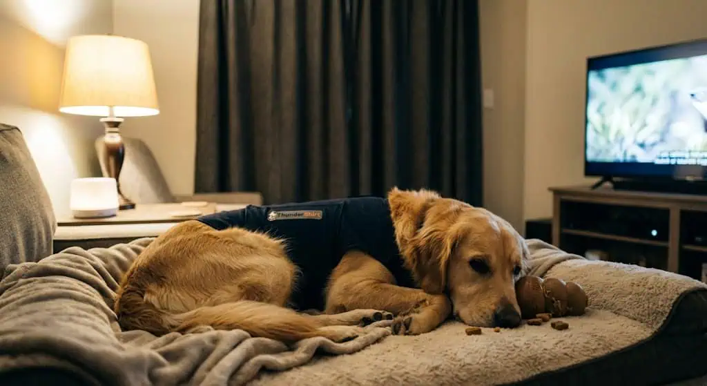 Adorable Golden Retriever puppy resting on a cozy sofa.