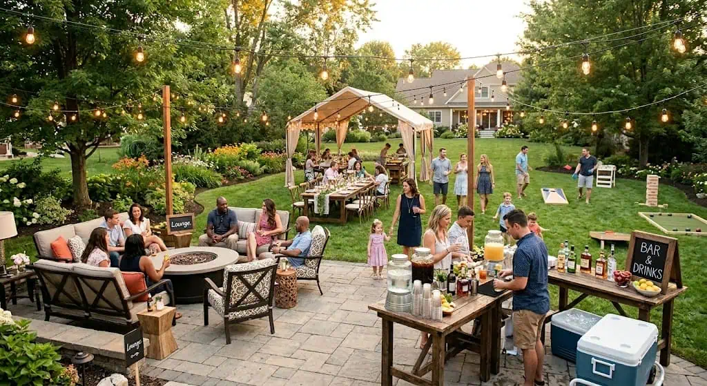 Outdoor garden party with guests, drinks, and string lights at dusk. Perfect for celebrations and so.