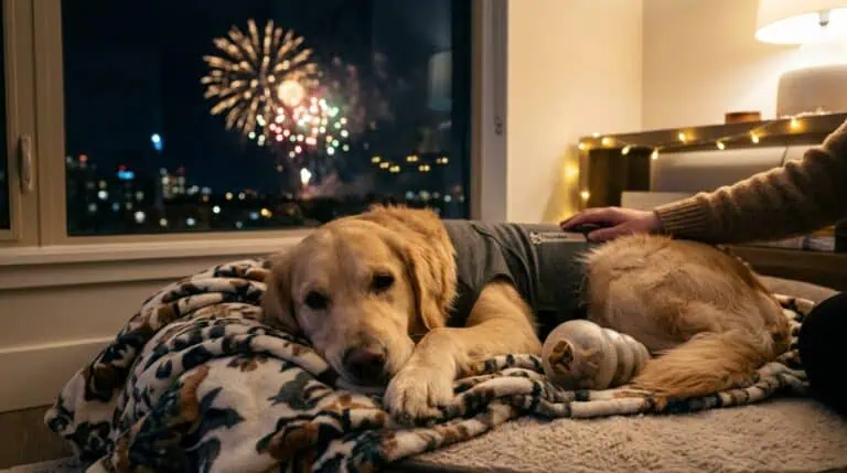 Golden Retriever resting calmly indoors during fireworks night with soft lighting and noise protection.